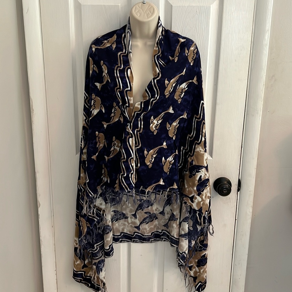 Sun N’ Sand Swim Wrap. Navy and Brown with dolphins throughout. OSFM